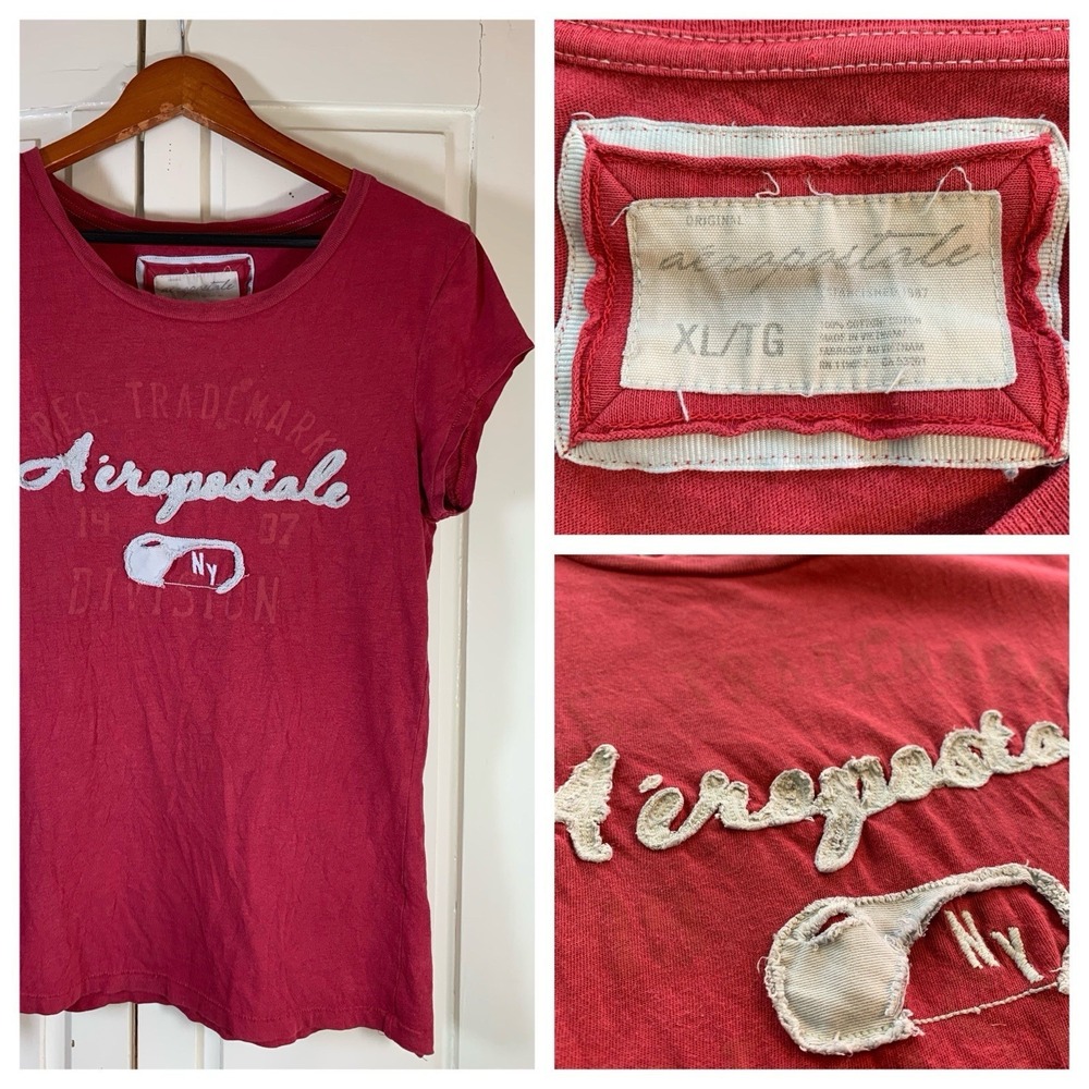 Vtg Y2K Aeropostale NYC T Shirt Womens Size XL Retro Red Distressed Cap Sleeve